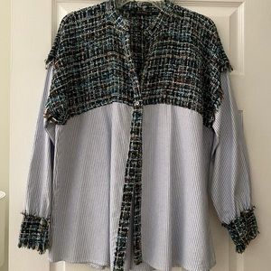 ZARA Tweed Trim Striped Button Down Top
